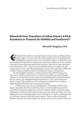 Edward De Vere: Translator of Johan Sturm's a Ritch Storehouse Or