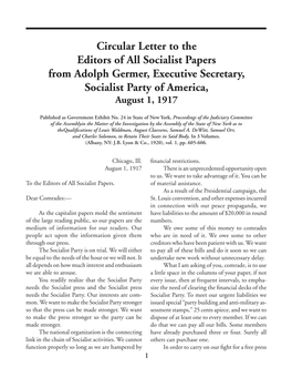 Circular Letter to the Editors of All Socialist Papers from Adolph Germer, Executive Secretary, Socialist Party of America, August 1, 1917