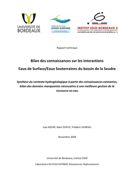 Bilan Des Connaissances Sur Les Interactions Eaux De Surface/Eaux Souterraines Du Bassin De La Seudre