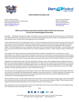 FOR IMMEDIATE RELEASE IMS Arena & Hockey Corporations And