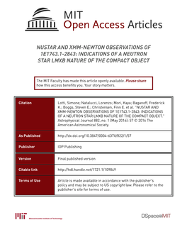 Nustar and Xmm-Newton Observations of 1E1743.1-2843: Indications of a Neutron Star Lmxb Nature of the Compact Object