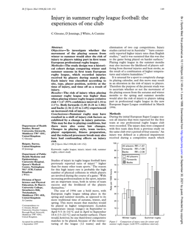 Injury in Summer Rugby League Football: the Experiences of One Club