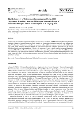 Squamata: Scincidae) from the Titiwangsa Mountain Range of Peninsular Malaysia and Its Re-Description As S