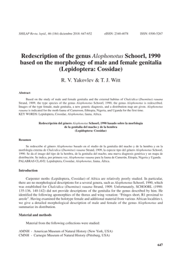 Redescription of the Genus Alophonotus Schoorl, 1990 Based on the Morphology of Male and Female Genitalia (Lepidoptera: Cossidae) R