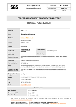 Sgs Qualifor Forest Management Certification Report