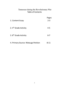 Tennessee During the Revolutionary War Table of Contents