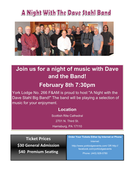Join Us for a Night of Music with Dave and the Band! February 8Th 7:30Pm York Lodge No