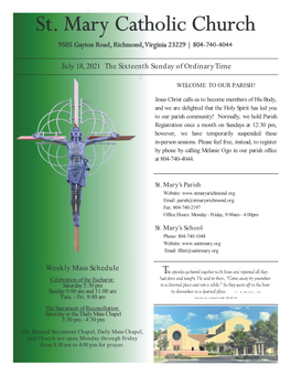 Weekly Mass Schedule July 18, 2021 the Sixteenth Sunday of Ordinary