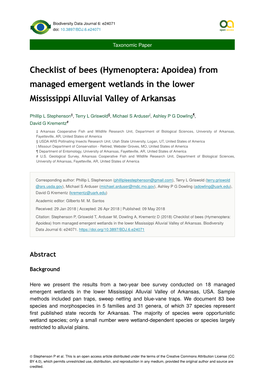 Hymenoptera: Apoidea) from Managed Emergent Wetlands in the Lower Mississippi Alluvial Valley of Arkansas