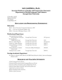 IAN CAMPBELL, Ph.D. Associate Professor of Arabic and Comparative Literature Department of World Languages and Cultures Georgia State University