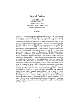 Black Hole Paradoxes Mario Rabinowitz Armor Research 715 Lakemead Way Redwood City, CA 94062-3922 Mario715@Earthlink.Net Abstr