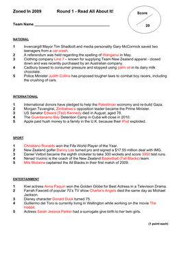 Zoned in 2009 Round 1 - Read All About It! Score