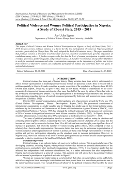 Political Violence and Women Political Participation in Nigeria: a Study of Ebonyi State, 2015 – 2019