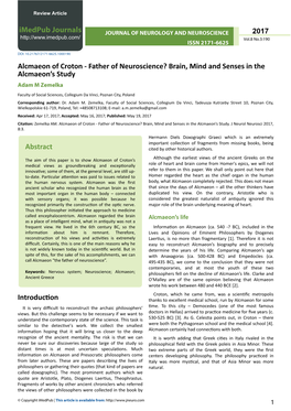 Alcmaeon of Croton - Father of Neuroscience? Brain, Mind and Senses in the Alcmaeon’S Study Adam M Zemelka