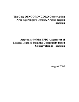 The Case of NGORONGORO Conservation Area Ngorongoro District, Arusha Region Tanzania