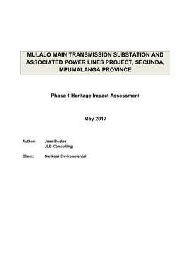 Mulalo Main Transmission Substation and Associated Power Lines Project, Secunda, Mpumalanga Province