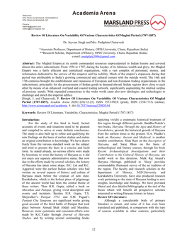 12 Review of Literature on Variability of Various Characteristics of Mughal Period (1707-1857) Dr. Jayveer Singh and Mrs. Pushpl