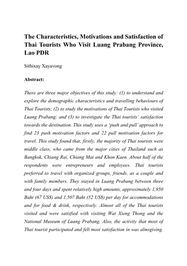 The Characteristics, Motivations and Satisfaction of Thai Tourists Who Visit Luang Prabang Province, Lao PDR