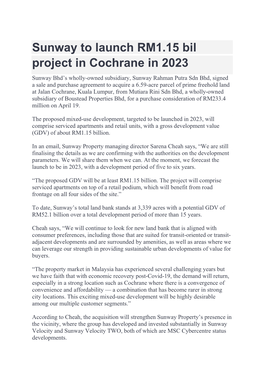 Sunway to Launch RM1.15 Bil Project in Cochrane in 2023