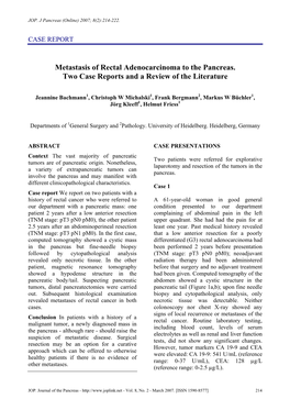 Metastasis of Rectal Adenocarcinoma to the Pancreas. Two Case Reports and a Review of the Literature