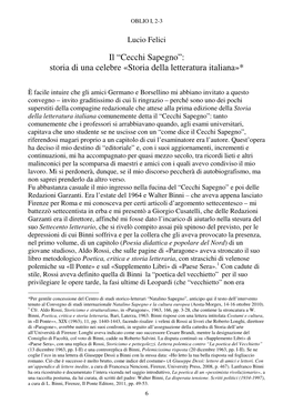 Cecchi Sapegno”: Storia Di Una Celebre «Storia Della Letteratura Italiana»*