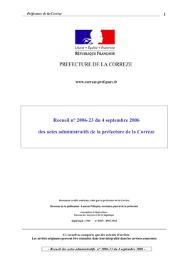 Recueil N° 2006-23 Du 4 Septembre 2006 Des Actes Administratifs De La