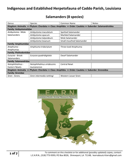 Indigenous and Established Herpetofauna of Caddo Parish, Louisiana