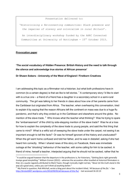 The Social Vocabulary of Hidden Presence: British History and the Need to Talk Through the Silence and Acknowledge True Stories of African Presence’