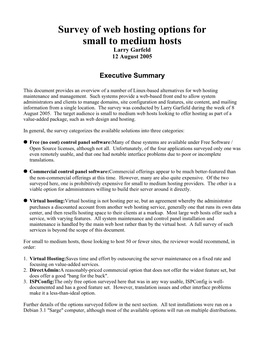 Survey of Web Hosting Options for Small to Medium Hosts Larry Garfeld 12 August 2005