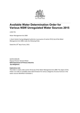 Available Water Determination Order for Various NSW Unregulated Water Sources 2015