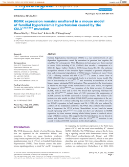 ROMK Expression Remains Unaltered in a Mouse Model of Familial Hyperkalemic Hypertension Caused by the CUL3D403-459 Mutation Meena Murthy1, Thimo Kurz2 & Kevin M