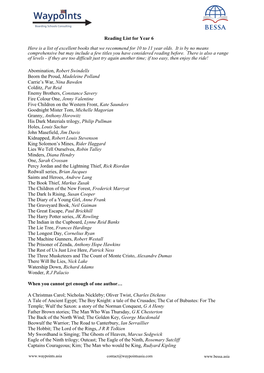 Reading List for Year 6 Here Is a List of Excellent Books That We