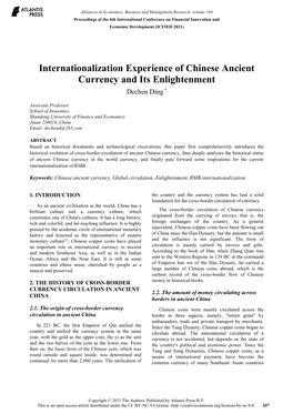 Internationalization Experience of Chinese Ancient Currency and Its Enlightenment Dechen Ding *