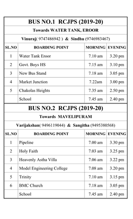 BUS NO.2 RCJPS (2019-20) Towards MAVELIPURAM Varijakshan( 9496119044) & Sangitha (9495380568)