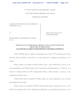 Motion of Congressman Henry Cuellar to Intervene Or in the Alternative, to Appear As Amicus for Written and Oral Comment