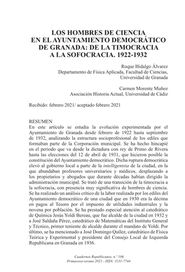 Los Hombres De Ciencia En El Ayuntamiento Democrático De Granada: De La Timocracia a La Sofocracia