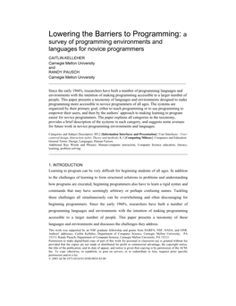 Lowering the Barriers to Programming: a Survey of Programming Environments and Languages for Novice Programmers