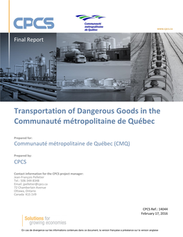 Transportation of Dangerous Goods in the Communauté Métropolitaine De Québec