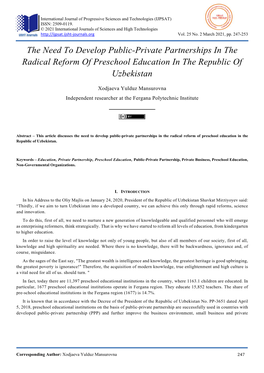 The Need to Develop Public-Private Partnerships in the Radical Reform of Preschool Education in the Republic of Uzbekistan