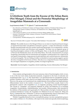 Nei Mongol, China) and the Premolar Morphology of Anagalidan Mammals at a Crossroads