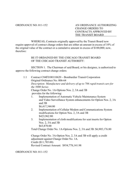 Ordinance No. 011-152 an Ordinance Authorizing Change Orders to Contracts Approved by the Transit Board