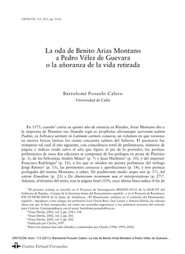 La Oda De Benito Arias Montano a Pedro Vélez De Guevara O La Añoranza De La Vida Retirada