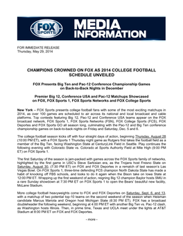 Champions Crowned on Fox As 2014 College Football Schedule Unveiled