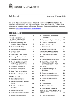 Daily Report Monday, 15 March 2021 CONTENTS