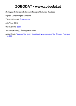 Wasps of the Family Vespidae (Hymenoptera) of the Crimean Peninsula 193-233 Entomofauna 39/1 Heft 10: 193-233 Ansfelden, 2