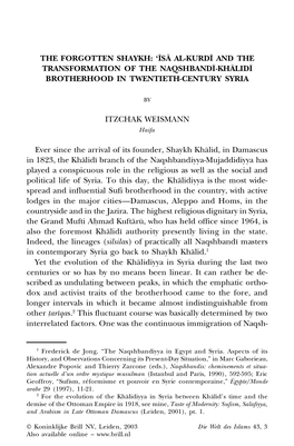 Μs@ Al-Kurdµ and the Transformation of the Naqshbandµ -Kh@Lidµ Brotherhood in Twentieth-Century Syria