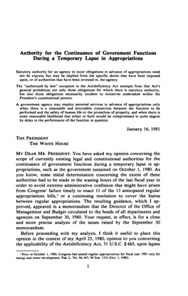 Authority for the Continuance of Government Functions During a Temporary Lapse in Appropriations