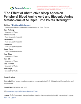 The Effect of Obstructive Sleep Apnea on Peripheral Blood Amino Acid and Biogenic Amine Metabolome at Multiple Time Points Overnight“