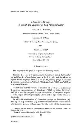 2-Transitive Groups in Which the Stabilizer of Two Points Is Cyclic1