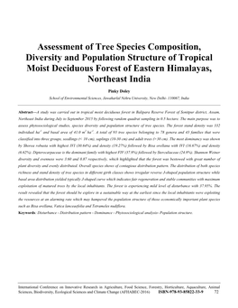Assessment of Tree Species Composition, Diversity and Population Structure of Tropical Moist Deciduous Forest of Eastern Himalayas, Northeast India